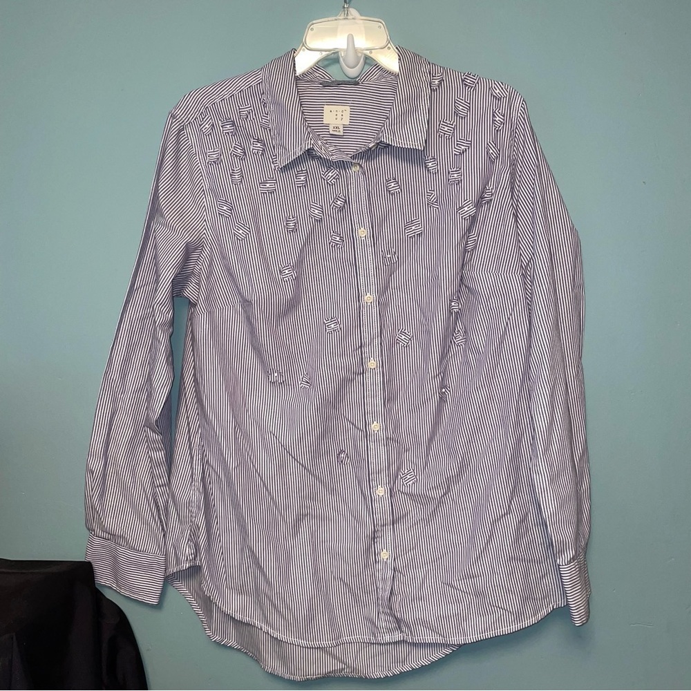 A New Day Striped Button Down with Floral Accent Size XXL
